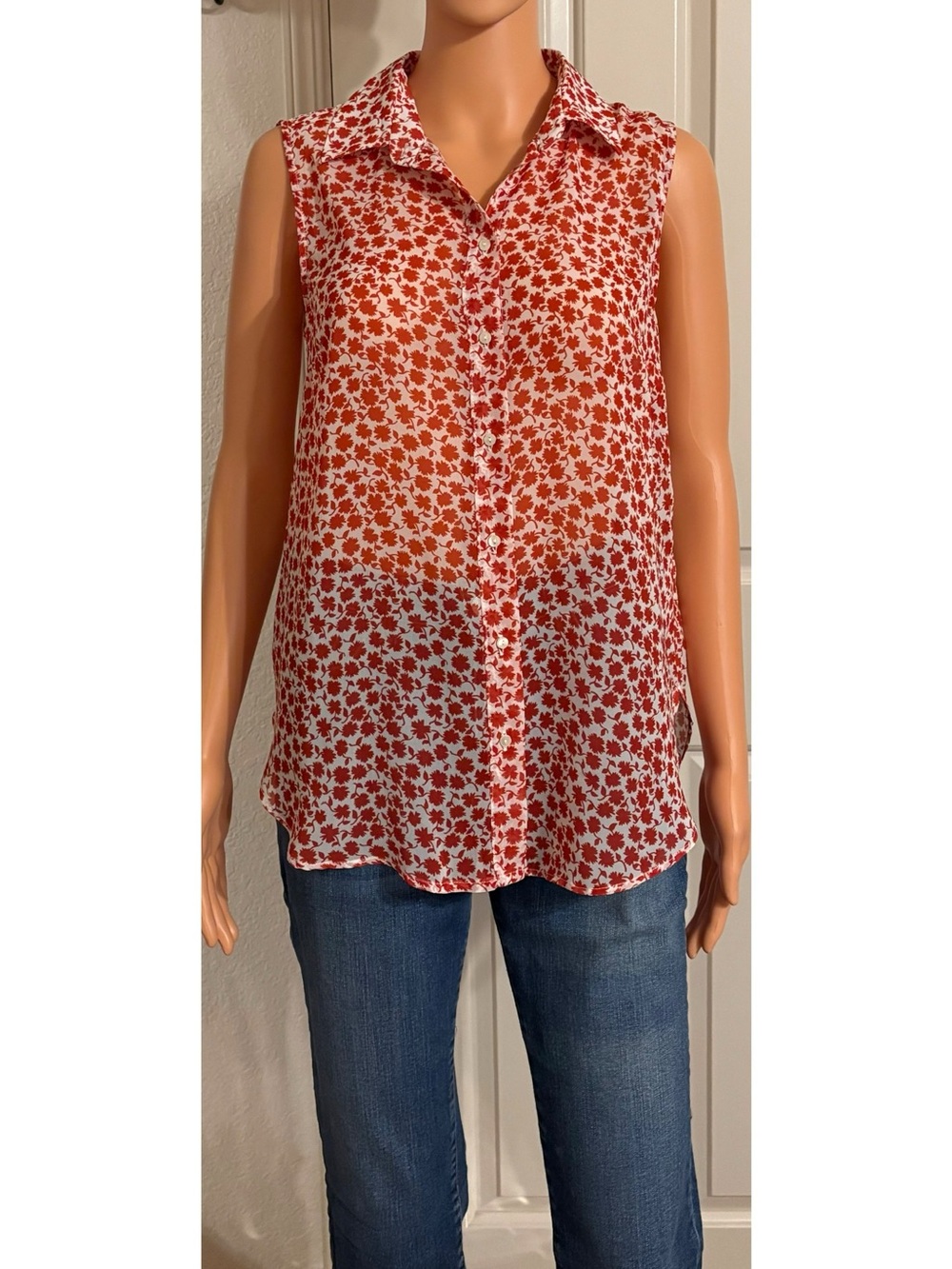 H&M Sleeveless White Blouse with Red Floral Print